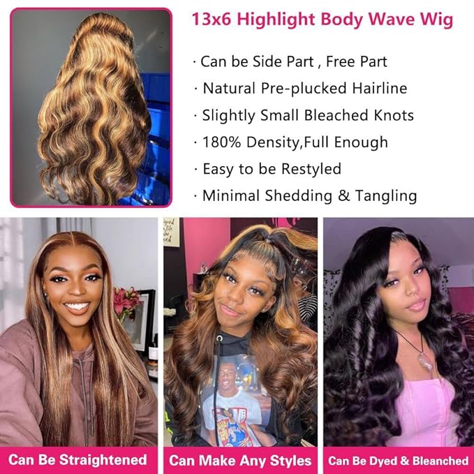 Body Wave Lace Front Wigs Human Hair Pre Plucked 180% Density 13x6 HD Lace 16 Inch P4/27 Honey Blonde Frontal Wigs for Black Women Glueless Ombre Lace Front Wig