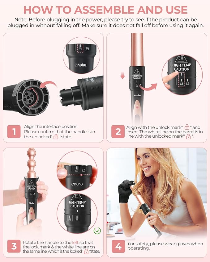 5 in 1 Curling Wand Set: Ohuhu Curling Iron Wand 5Pcs 0.35 to 1.25 Inch Interchangeable Ceramic Barrel Heat Protective Glove 2 Clips Dual Voltage Hair Curler Women Girl Mother Christmas Gift Rose Gold
