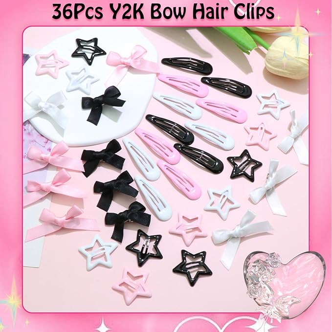 36Pcs Valentine's Day Pink Bow Hair Clips Y2K Star Hair Barrettes for Women Metal Snap Hair Clips Mini Black Satin Hair Bows Water Drop No Slip Hair Pins Accessories for Girls