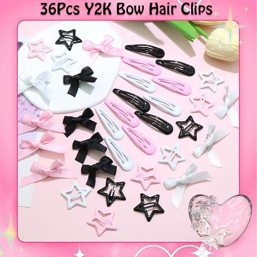 36Pcs Valentine's Day Pink Bow Hair Clips Y2K Star Hair Barrettes for Women Metal Snap Hair Clips Mini Black Satin Hair Bows Water Drop No Slip Hair Pins Accessories for Girls