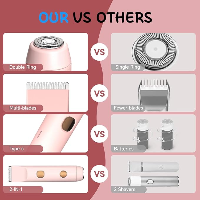 2 in 1 Bikini Trimmer for Women, Smooth and Painless Electric Razors for Women, IPX7 Waterproof Women's Electric Shaver, Rechargeable Bikini Underarm Legs Arm Body Face Trimmer Womens Shaver (Pink)