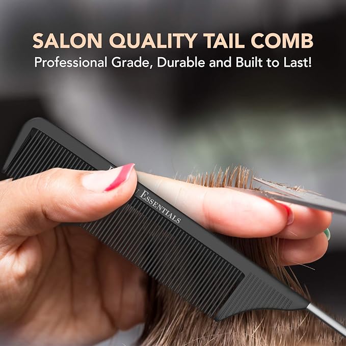 Professional 8.8 Inch Tail Comb - Black Carbon Fiber And Stainless Steel Pintail - Anti Static And Heat Resistant Teasing Lightweight Comb For All Hair Types