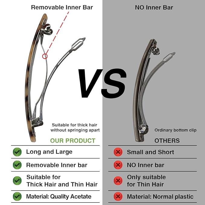 Long French Barrettes for Women Simple Classic Acrylic Resin Hair Clips Tortoise Shell Skinny Large 4 inch No-slip Grip Automatic Clasp Clamp For Thick Hair, 3 Pack