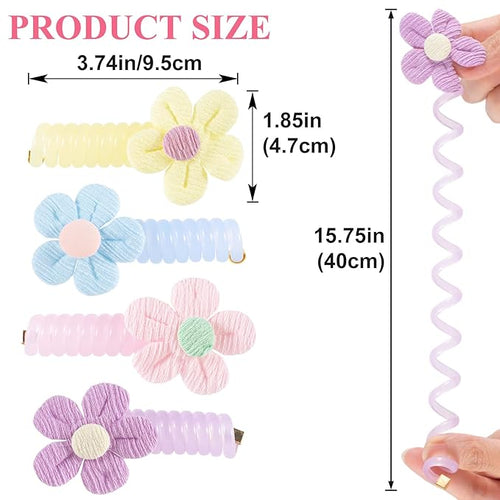 4PCS Spiral Hair Ties with Cloth Flower, 4 Colors Floral Phone Cord Ponytail Holders for Women, Elegant Rubber Hair Coils, Stylish Hair Accessories for Party, Daily Use