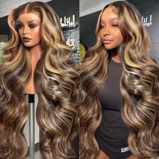 AMIRTY 250 Density Highlight Ombre 360 Lace Front Wig Human Hair Honey Blonde Body Wave HD Lace Front Wigs Human Hair Pre Plucked Brown 4/27 Colored Lace Frontal Glueless Wigs for Women 26 Inch