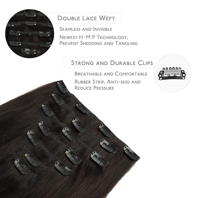 WENNALIFE Clip in Hair Extensions Real Human Hair, 22 Inch 130g 7pcs Remy Hair, Dark Brown Straight Natural Extensiones De Cabello Humano Con Clip Ins