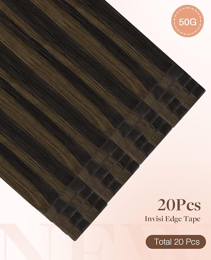 GOO GOO Invisi Edge Tape in Hair Extensions Human Hair, 2/6 Dark Brown Highlighted Chestnut Brown, 20pcs 14inch 50g, Virgin Remy Hair, Seamless Injected Tape, Natural Look