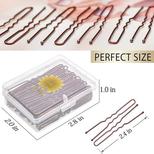 100PCS 2.4Inch U Shaped Hair Pins,Brown Bobby Pins for All Hair Types,Hair Pins for Women,Pain-Free U Pins for Buns With Box（Brown）