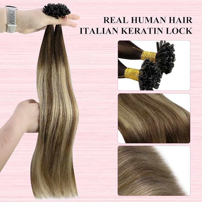 YoungSee U Tip Hair Extensions Human Hair Balayage 14In Utip Remy Hair Extensions Ombre Dark Brown to Brown with Blonde 50s/50g