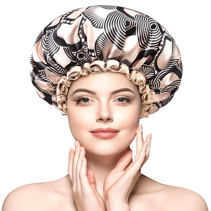 mikimini Shower cap for Women and Girls,Champagne Shower Caps with Lace, Double Layer Waterproof, Reusable, Washable, High-quality,Medium (Pack of 1)