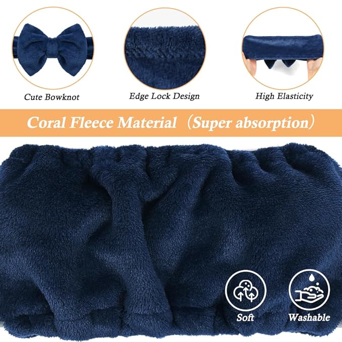 Shintop Face Wash Headband, Soft Spa Headband Carol Fleece Makeup Headwear with Cute Bow Elastic Hairband for Skincare Facial Mask Showers（Navy blue）
