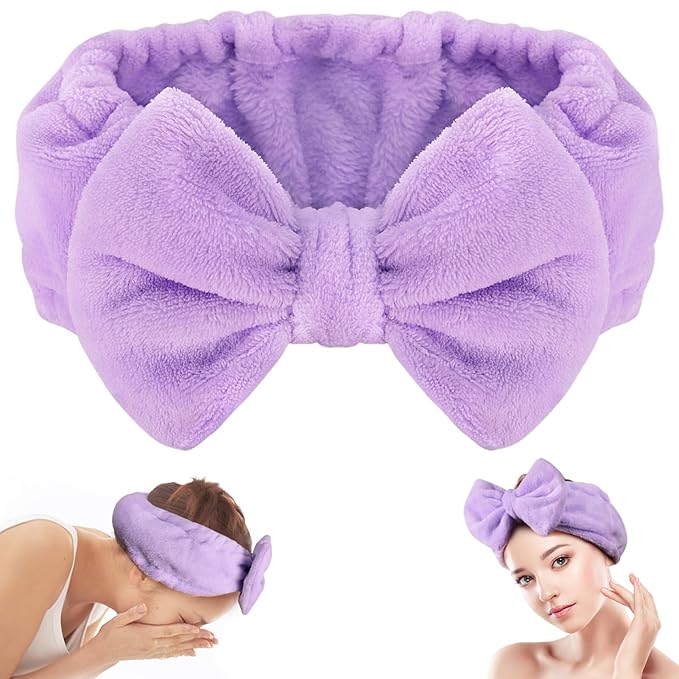 Shintop Spa Headband, Soft Makeup Headband with Cute Bow Elastic Face Wash Hairband for Skincare Facial Mask Showers（Purple）