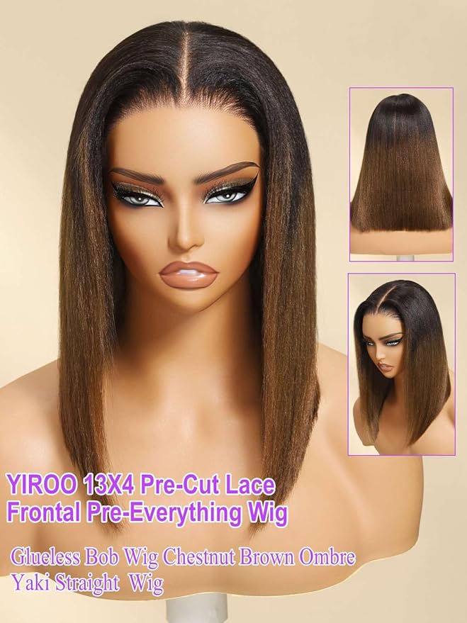 YIROO Chestnut Brown Ombre Yaki Straight Bob Wig Human Hair, 13x4 Lace Front Glueless Wig with Drawstring, Pre Everything Pre Cut Pre Plucked Pre Bleached Knots Natural Hairline Short Bob Wig 10Inch