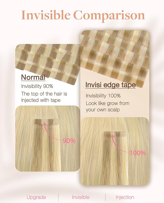 GOO GOO Invisi Edge Tape in Hair Extensions Human Hair, 16/22 Light Blonde Highlighted Golden Blonde 20pcs injected with 20pcs classical tape ins, 22inch 100g, Virgin Remy Hair, Natural Look