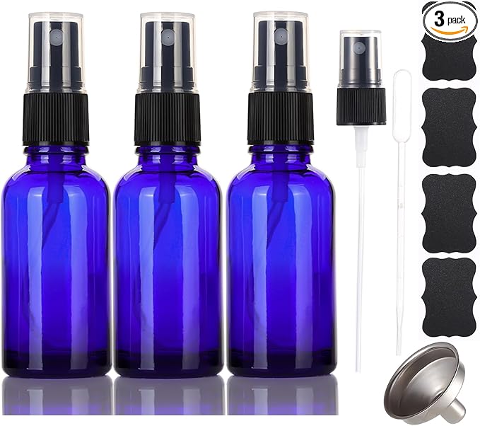 1 oz Glass Blue Spray Bottles,Small Empty Fine Mist Refillable Travel Spray Bottle for Cleaning,Perfume,Aromatherapy,Cosmetic Sprays,Hair,Essential Oils with Fine Mist Dispenser（3 Pack）