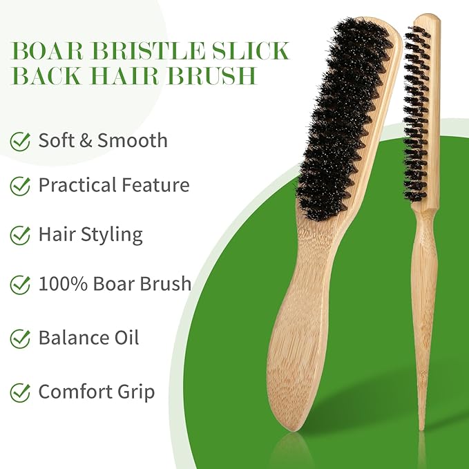 Hair Wax Stick & Boar Bristle Hair Brush, Slick Back Hair Brush for Women Men Kids, Strong Hold Smoothing Wax Stick for Slick Back Flyaways & Baby Hairs