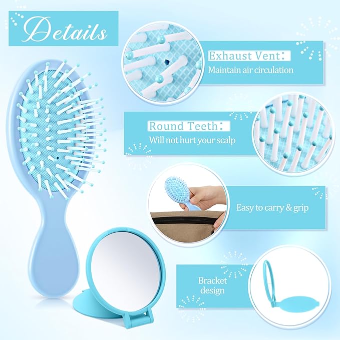 Meanplan 24 Pcs Mini Hair Brush Set 12 Travel Wet Dry Hair Combs Pocket Detangling 12 Compact Folding Makeup Mirrors for Spa Sleepover Birthday Bridal Shower Bachelorette Christmas Party Gift(Blue)
