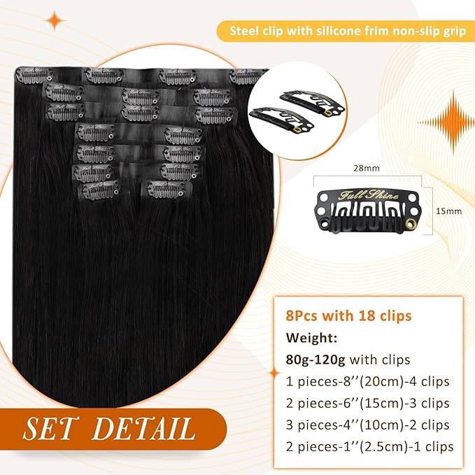 Full Shine Seamless Clip in Hair Extensions Human Hair Black Invisible Clip ins Extension 16 Inch with PU Weft Straight Hair Add Volume 8 PCS 120 G