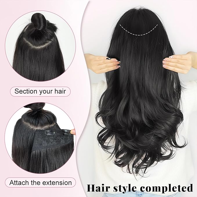 ALXNAN Long Wavy Hair Extensions for Women, Clip in Hair Extensions Clip Ins Soft Full Head Synthetic Hairpieces 20 Inch Ombre Burgundy mix Black