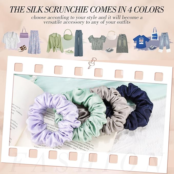 4Pcs Mulberry Silk Hair Scrunchies, Silk Hair Ties for Hair Sleep for Frizz Breakage for Women Girls