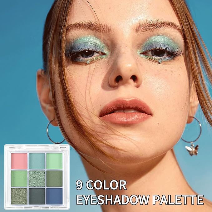 Erinde 9 Colors Eyeshadow Palette, Matte Shimmer Glitter Eye Shadow Palette Makeup, Highly Pigmented Long Lasting Waterproof, Natural Neutral Nude Eyeshadow Make Up Pallet, Blue Green