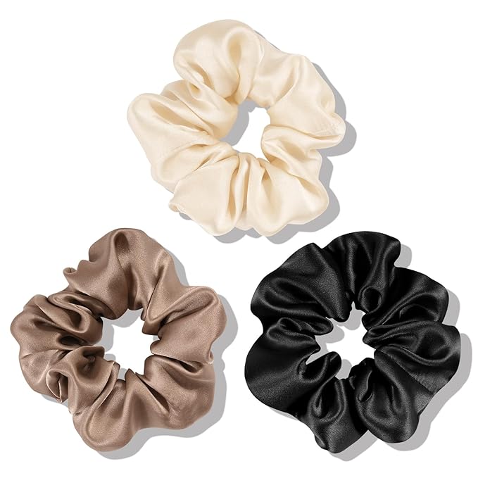 OLESILK 100% Mulberry Silk-Scrunchies for Hair Sleep, Women Grils Silk Hair Ties for Frizz & Breakage Curly Hair, No Damage, Elastics Ponytail Holder, 3 Pack