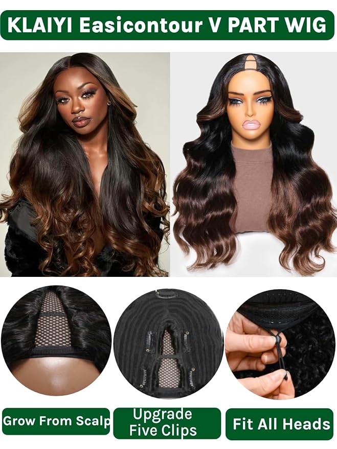 KLAIYI Ombre Brown V Part Body Wave Human Hair Upgrade U Part Wig with Dark Roots Glueless Chestnut Brown Clip in Half Wig No Glue No Leave Out Beginner Wigs for Women Ready To Wear and Go 150% 26Inch