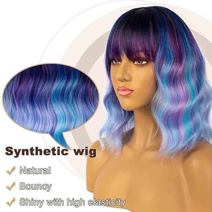 Colourful Short Bob Wigs with Bangs for Women Loose Wavy Wig Curly Wavy Shoulder Length Bob Synthetic Cosplay Wig for Girl Colorful Costume Wigs (Colourful-1)