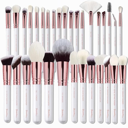 Pro makeup Artist Brushes Set 32Pcs Luxury Goat Hair Horse hair Makeup Brush Set eye and face brushes for every possibility By Bueart Design (Pearl White)