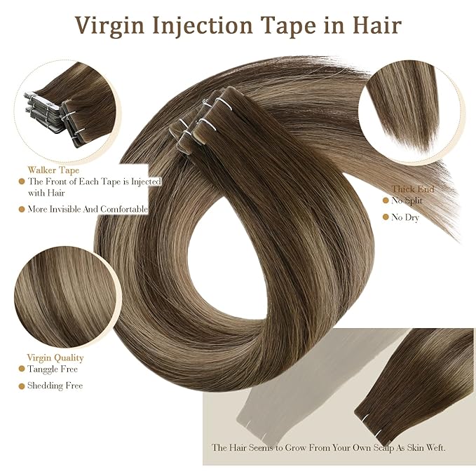 Full Shine Virgin Tape in Hair Extensions Human Hair 5Pcs Color 4/27/4 Balayage Invisible Tape in Extensions 22 Inch Remy Injection Tapes in Human Hair for Women 12.5 Gram Hair Extensions