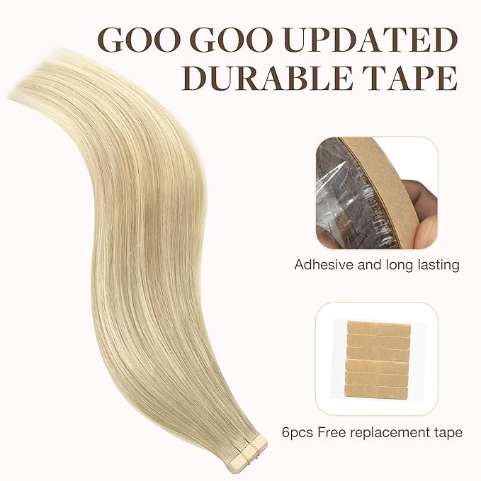 GOO GOO Tape in Hair Extensions Human Hair, 18ET90A Natural Blonde Balayage, 22inch 50g 20pcs, Skin Weft Seamless Invisible, Silky Straight with Thick Ends, Remy Human Hair