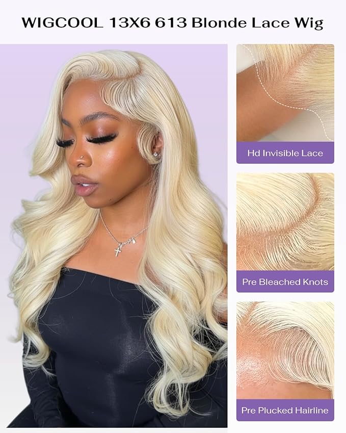 613 13x6 Lace Front Wig Human Hair 180 Density Body Wave Blonde Wig Human Hair 613 HD Lace Frontal Wigs 100% Real Human Hair No Synthetic Blend No Tangle No Shedding Triple Lifespan 3X 28 Inch