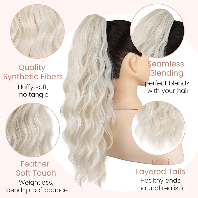 Claw Clip Ponytail Extension for Women 18 Inch Wavy Curly Fake Ponytail Clip in Hair Pieces Shoulder Length Fluffy Natural Synthetic Hairpiece for Daily Use (Light Blonde)