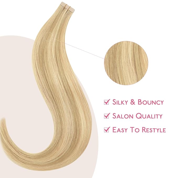 WENNALIFE Tape in Hair Extensions Human Hair Light Blonde Highlighted Golden Blonde Tape in Extensions, 10pcs 30g 24 inch Remy Invisible Tape Ins Straight Soft Real Human Hair Tape in Extensions
