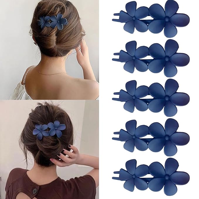 5 Pcs Flower Flat Claw Clips for Women Dark Blue Flat Hair Clips Non-Slip Matte Flat Hair Clips for Thick Hair Spring Claw Clip Cute Floral Hair Clip for Girals
