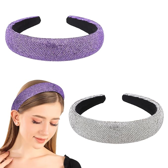 Sparkly Wide Headbands for Women Girls,2PCS Rhinestone Padded Headband Sliver Purple Glitter,Fashion Sparkle Rhinestone Hairbands Hair Hoop for Daily Prom Party Head Accessories
