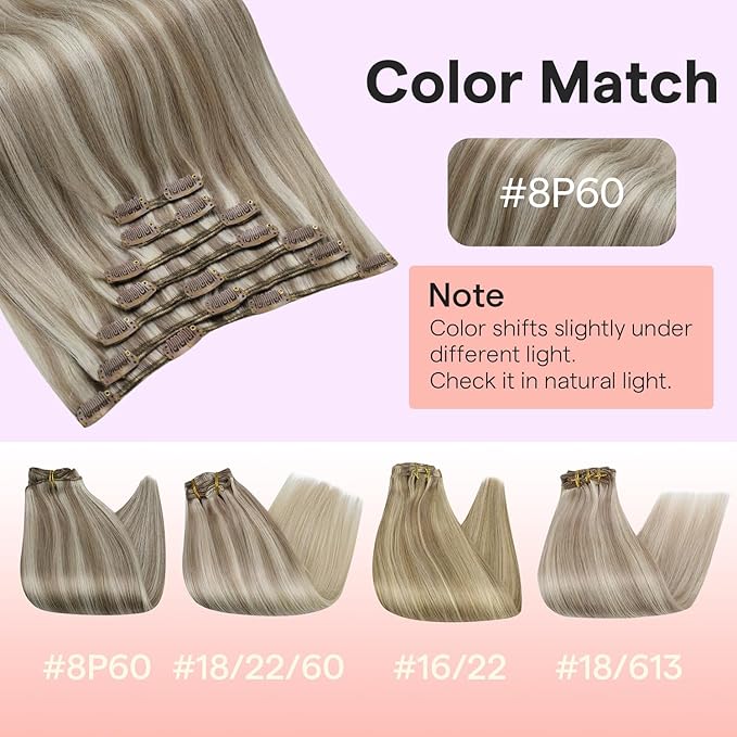 Full Shine Clip in Extension, Ash Blonde Higlight Light Blonde Hair Extensions Real Human Hair, 18 Inch Straight Natural Hair Extensions Clip ins, Double Wefr Add Thickness 7 Pcs 120g
