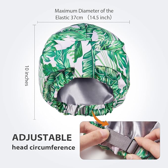 INNELO Luxury Shower Cap for Women Reusable Waterproof, Double Layered Shower Hair Cap with Adjustable Elastic Strap, Large Satin Lined Shower Bath Cap for Long Curly Straight Hair, Palm leaves