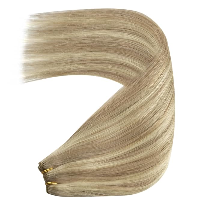 YoungSee Sew in Hair Extensions Real Human Hair Highlight Hair Weft Extensions Dark Ash Blonde Highlighted Light Blonde Soft Human Hair Extensions Sew in for Women 20In 100G