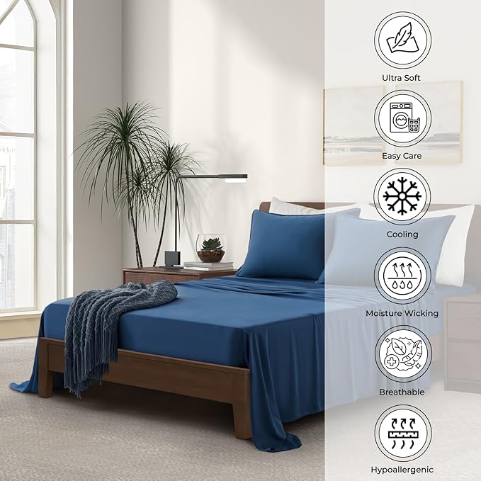 Luxury Bamboo Market | King Envelope Pillowcase Set | 100% Viscose Made from Bamboo | Organically Grown | Ultra Soft | Cooling | 2pcs [Midnight Blue]