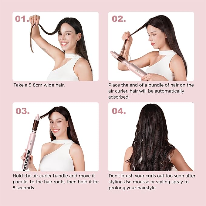 8-in-1 Hair Dryer Brush & Hot Air Styler, 110,000 RPM Blow Dryer Brush Foldable LCD Display, 4 Heat Settings Auto Curler Fast Drying Curling Straightening for Salon & Travel (Pink)