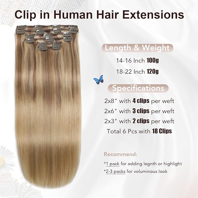 XDhair Human Hair Clip in Extensions 100g Balayage Color Golden Brown to Light Blonde Highlight 27 Blonde Double Weft Clip in Hair Extensions #10/27/27 14 Inch