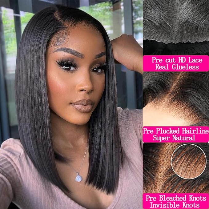 bob wigs human hair 16 Inch glueless wig human hair 180% Density glueless wigs human hair pre plucked pre cut 4x6 HD Transparent Frontal Wigs Human Hair Lace Front Wigs for Women