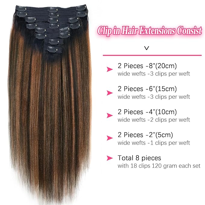 Yaki Straight Clip ins Real Human Hair Extensions For Women Highlight Hair Extensions Yaki Straight Clip in Hair Extensions(22inch,T1BP1B/30)