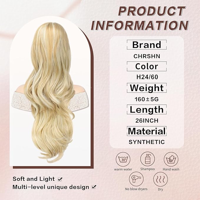 Ponytail Extension, Drawstring Ponytail Extension for Women 26 Inch Long Wavy Blonde Pony Tails Hair Extensions Synthetic Clip in Ponytail Hairpiece for Women(H24/60)