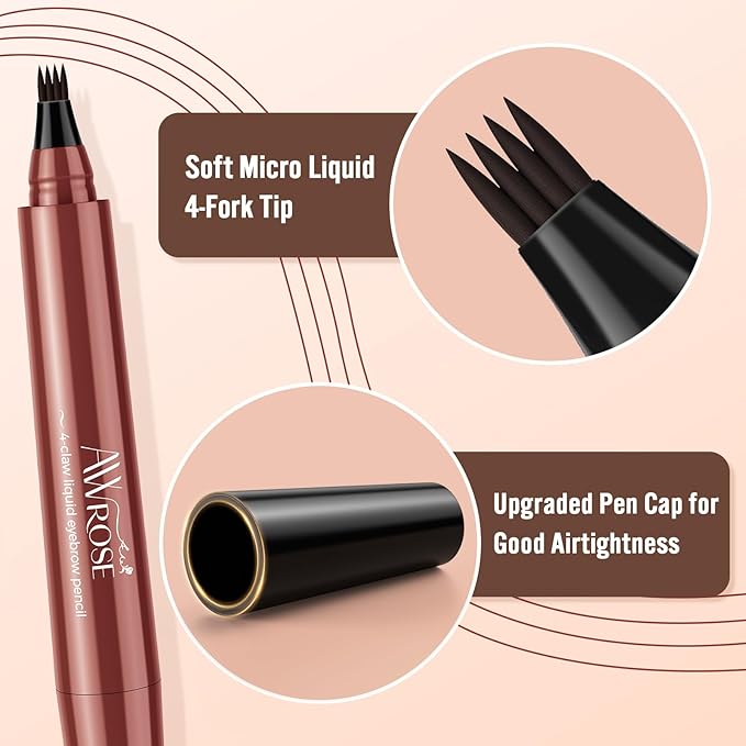 AWROSE Eyebrow Pencil, 3D Waterproof Microblading Eyebrow Pen 4 Fork Tip Tattoo Pencil, Precise Natural Brow Magic Eye Brow Pencil with Hair Like Strokes, 4 Points Multi-Used Eye Brow Pen for Women