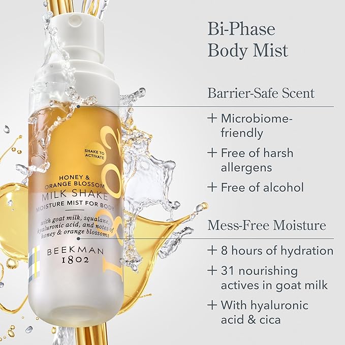 Beekman 1802 Honey & Orange Blossom Milk Shake - Body Mist - 2.0 fl. oz - With Hyaluronic Acid & Jojoba Oil - Instantly Moisturizes, Hydrates & Softens - Good for Sensitive Skin - Cruelty Free