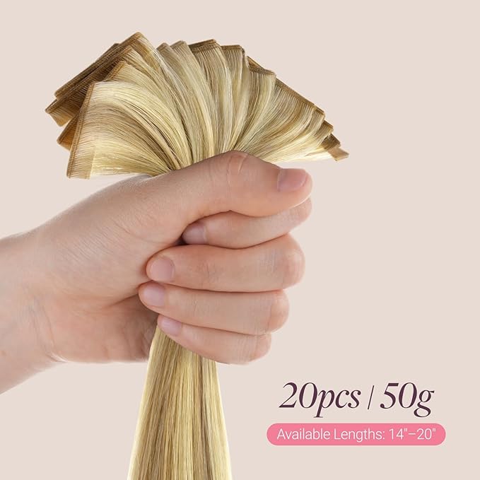 GOO GOO Genius Tape in Hair Extensions, Hand Tied Tape Weft, 16/22 Light Blonde Highlighted Golden Blonde, 20inch 50g 20pcs, Remy Human Hair, Seamless Invisible Tape, Natural Blend, Lightweight