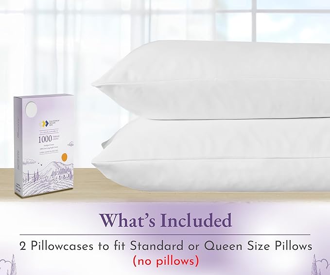 California Design Den Pillow Cases Standard Size Set of 2-1000 Thread Count Sateen, Soft and Thick 100% Cotton Pillowcases Queen/Standard, Durable - White