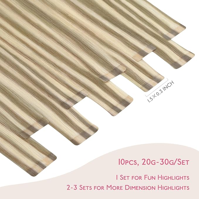 WENNALIFE Tape in Hair Extensions Human Hair Ash Brown with Platinum Blonde Highlights Tape in Extensions, 10pcs 25g 14 inch Remy Invisible Tape Ins Straight Colored Soft Refill Set